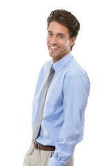 Smile, portrait and confident business man, entrepreneur and corporate employee laughing. Face, happy professional consultant and funny agent working in Spain isolated on a transparent png background