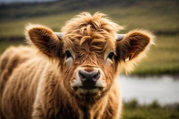 A charming and adorable baby highland cow, autumn color mood, a charming highland cow calf, close up of a calf - obrazy, fototapety, plakaty