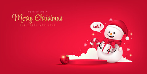 Vector merry christmas and happy new year poster or banner with cute Snow man, gift box and element