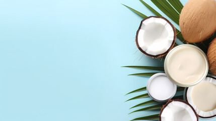 Obraz na płótnie Canvas Coconut with jars of coconut oil and cosmetic cream on colored background. Top view. Free space for your text. Natural spa coconut cosmetics and organic treatment concept Coconut Spa composition