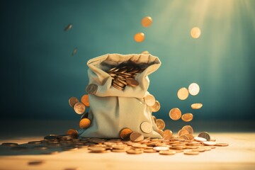 a textile or paper bag or pouch purse for coins: golden money pieces falling down from above into the handbag, flying and levitating in the air. A concept of abundance and luck