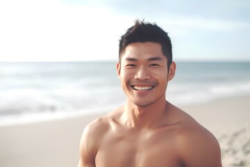 浜辺に立つ筋肉質なアジア人男性 - obrazy, fototapety, plakaty