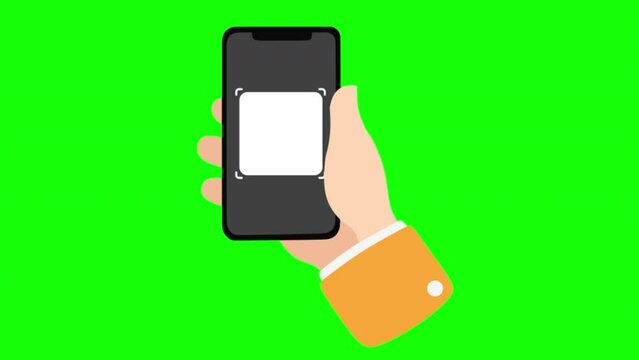 2d animation, male farmer face id scanner using smartphone, on green screen