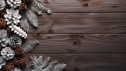 Decorative frame made of winter objects on dark wood background with copy space. Generative ai.