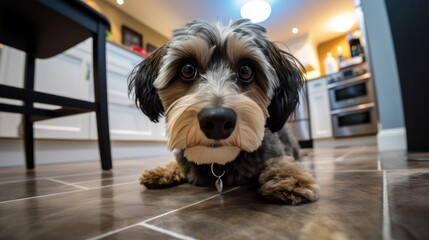 A dog sits on the kitchen floor looking at you pleadingly. Fish-eye lens. High-angle camera.
