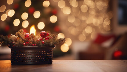 Christmas decoration on a tabletop with copy space and bokeh background, generative ai