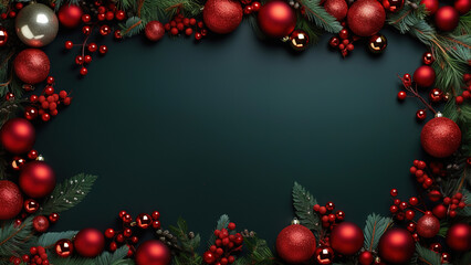 Christmas frame made of decorative elements, dark background. Generative ai