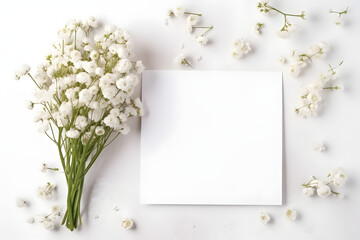 Wedding mockup with white paper list and flowers gypsophila. generative ai. - obrazy, fototapety, plakaty