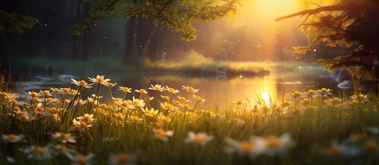 As the sun emerged from the horizon, casting a golden glow over the tranquil meadow, the morning dew glistened on the vibrant flowers, heralding the arrival of spring and the awakening of life in the - obrazy, fototapety, plakaty