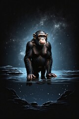 In the inky blackness of space, the silhouette of a lonely chimpanzee floating, graphic t-shirt vector, contour, white border background.