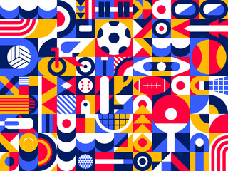 Summer sports Bauhaus modern geometric pattern. Vector tile with vibrant shapes and bold colors infuse energy to athletic design with sports equipment. Fusing art with movement for dynamic experience - 684980190