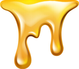 Honey or maple syrup liquid dripping, isolated realistic sweet yellow substance melting. Vector sweet jelly fluid with drops, sticky oil or caramel flowing
