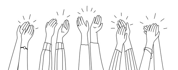 Doodle applause hands, isolated vector raised clapping arms in joyous applauding, a universal symbol of appreciation and celebration. An expression of approval and support, hand drawn linear - obrazy, fototapety, plakaty