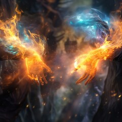 Element. Flames. Fire. Abstract art. Hands of fire. Nebula. Heat. Fusion. Temperature. Surrealism. Energy. Power. Blaze vortex. Chaos, anarchy. Ethereal forms. Fantasy artwork. Spiritual