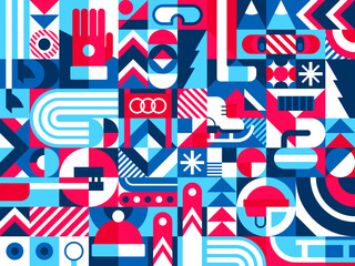 Cotton fabric Winter sports Bauhaus modern geometric pattern with clean lines, bold shapes, and vivid colors evoke the spirit of the season. Vector design creating a dynamic and stylish winter sports aesthetics