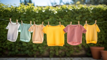 Colorful children's clothes drying on a clothesline in the yard under the sunlight