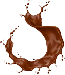 Realistic chocolate yogurt, cream or choco milk drink swirl splash and wave flow. Isolated 3d vector luscious, delightful round cocoa liquid stream, tempting taste buds with its rich, velvety allure