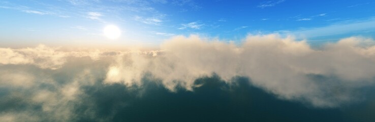 Obraz premium Cloudy panoramic landscape, beautiful clouds over water in the rays of the setting sun, 3D rendering