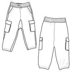 Cargo sweatpants. Utility pockets pants concept with front and back view. Sweatpants for running, jogging, fitness, and activewear pants are designed isolated on a white background. - obrazy, fototapety, plakaty