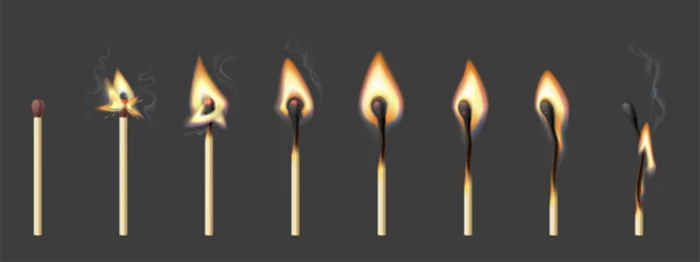 Fotobehang Burning match animation, stages. Realistic 3d vector sequence frame of matchstick ignition from whole to complete combustion and charring. Match stick with normal, and burnt sulphur sprite sheet © Buch&Bee