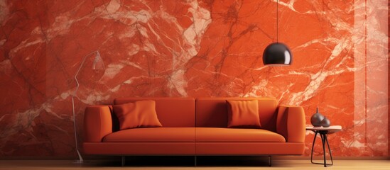 The vintage retro wallpaper on the wall features an abstract pattern of orange marble, blending seamlessly with the textured background, creating a captivating design inspired by nature and art. The