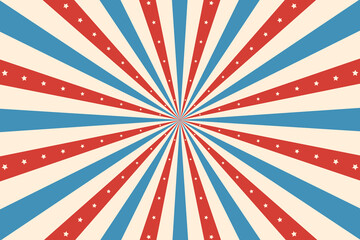 Vintage circus rays background. Vector vibrant retro backdrop, burst of red, blue or white radiating rays and stars, in style of usa flag. A nostalgic explosion of hues that takes you back to the past