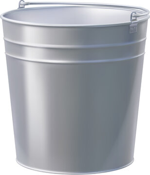 Realistic bucket, metal container and bin. Isolated 3d vector sturdy pail with a handle, used for carrying, storing, or transporting items, offer durability and practicality in gardening or households