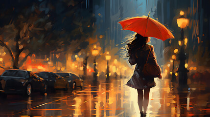 Abstract hurrying girl under umbrella, back view, rainy evening, lifestyle in modern city, autumn weather. generative ai.