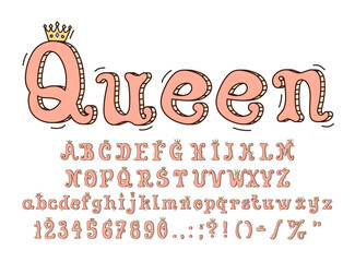 Queen font, princess type, royal typeface, english alphabet with golden crowns, exudes regal elegance with ornate, cute cartoon pink letters. Graceful, swirly characters conveying sense of enchantment © Buch&Bee