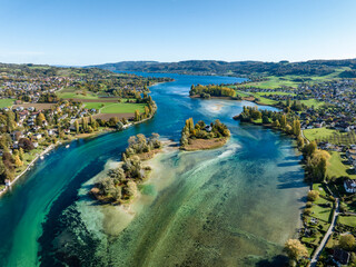 Luftbild von der Inselgruppe Werd im westlichsten Teil vom Bodensee, zwischen Eschenz und Stein am Rhein