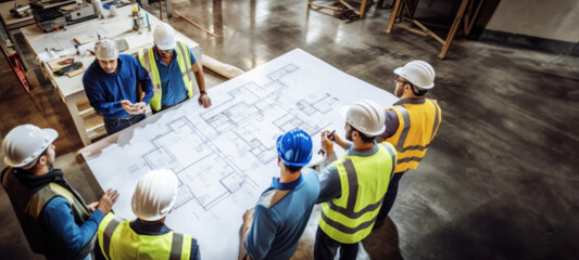 Team of engineers and architects meeting, discussing, designing, planning, safety equipment inspecting working with blueprints, engineering Buildings, construction and architecture, blurred image - obrazy, fototapety, plakaty