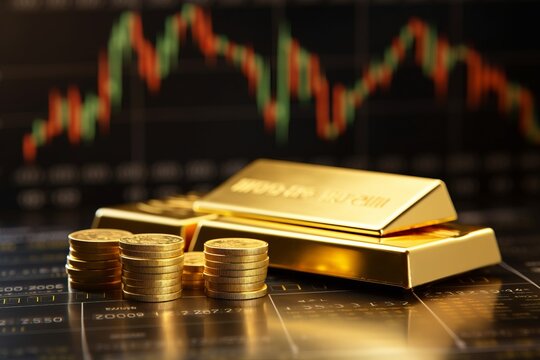 Gold bar resting on a stocks and shares graph