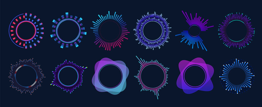 Music equalizers and sound waves. Vector set of radial curves represent variations in air pressure that create audible vibrations in different frequency ranges. Multicolor neon soundwave audio circles
