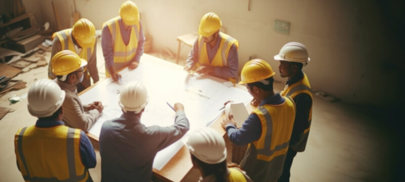 Team of engineers and architects meeting, discussing, designing, planning, safety equipment inspecting working with blueprints, engineering Buildings, construction and architecture, blurred image
