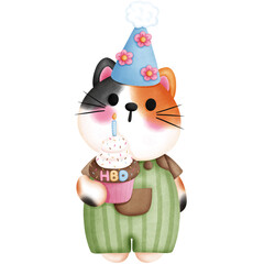 Watercolor cute calico cat with birthday cupcake illustration. Birthday party decoration.Cute kitten clipart.Festive animal decorations.