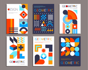 Modern abstract geometric pattern posters. Vector backgrounds, cover templates with retro minimal geometry shapes, forms, lines in vibrant color for exhibit art, magazine, journal, album designs