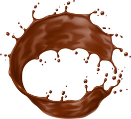 Realistic chocolate yogurt, cream or choco milk drink swirl splash and wave flow. Isolated 3d vector round liquid frame, delectable splashing border cascades with smooth and indulgent allure