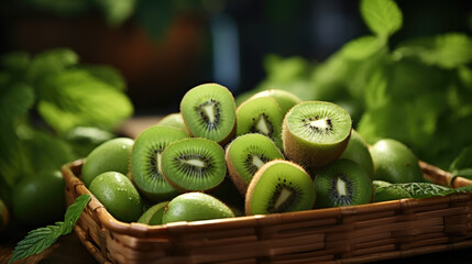 kiwi fruit in a basket on the table in the farm