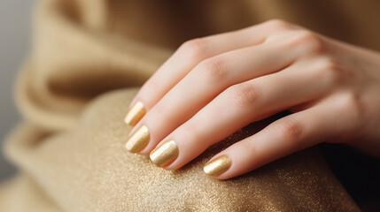Glamour woman hand with golden nail polish on her fingernails. Golden nail manicure with gel polish at a luxury beauty salon. Nail art and design. Female hand model. French manicure. - obrazy, fototapety, plakaty