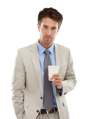 Portrait, businessman with cup and coffee isolated on transparent png background. Face of salesman, office worker or man with professional career, relax and morning drink in hand with business suit.