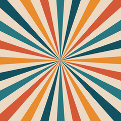 Carnival or circus retro rays background. Vintage vector layout, sunbeam burst. Backdrop with red, blue and yellow muted radiating stripes creating hypnotic effect, evoking a sense of nostalgia