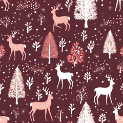 Fototapeta premium Christmas seamless pattern with reindeer and trees. Winter Christmas background for wrapping paper, AI generated