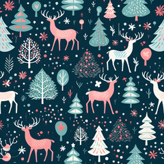 Christmas seamless pattern with reindeer and trees. Winter Christmas background for wrapping paper, AI generated