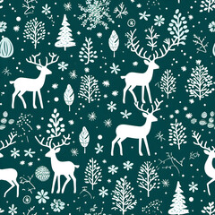 Christmas seamless pattern with reindeer and trees. Winter Christmas background for wrapping paper, AI generated