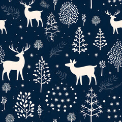 Christmas seamless pattern with reindeer and trees. Winter Christmas background for wrapping paper, AI generated
