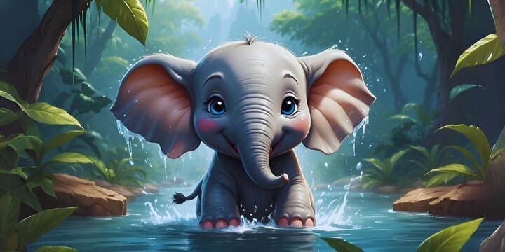 Cute baby cartoon elephant playing with the water -  cute animal pictures, AI generated images , generative AI
