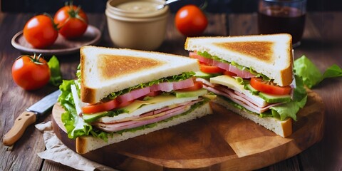 Close-up of sandwiches with bacon and fresh vegetables on a wooden table,. Club sandwich with tomatoes