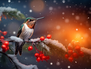 A Bee Hummingbird on a Christmas tree