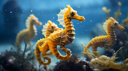 Fototapeta na wymiar Yellow seahorses swimming close to the coral Hippocamp