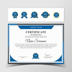 Premium certificate of achievement template, black and blue color.